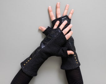 WRIST WARMERS - with shiny fabric and rivets - psy trance, cyberpunk - black