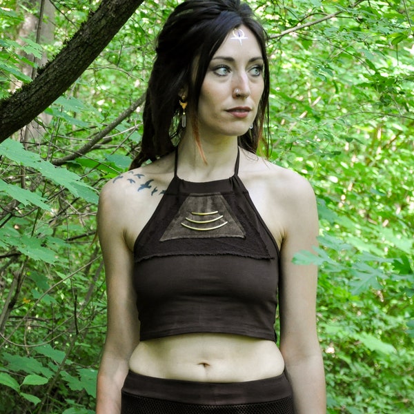 NECKHOLDER CROP TOP, Belly Top, Half Top - with Brass Details - brown