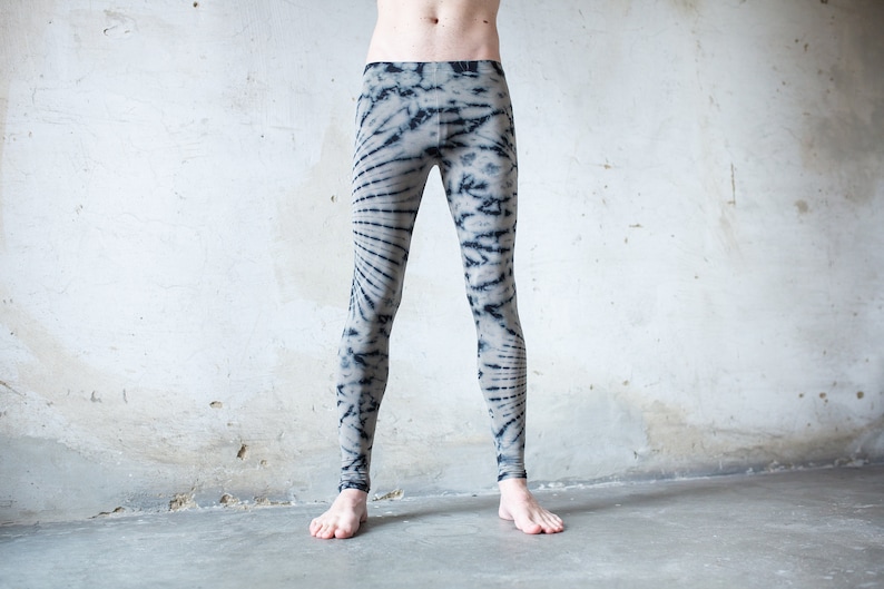 LEGGINGS with an abstract floral Pattern Batik, Tie-Dye unisex indigo, beige-blue image 8