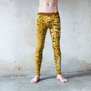 LEGGINGS with an abstract floral Pattern Batik, Tie-Dye unisex mustard brown image 7