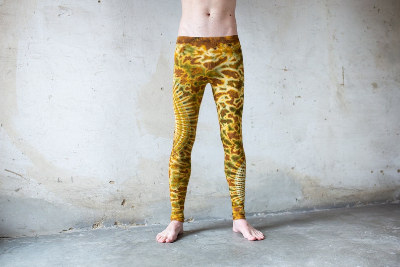 LEGGINGS with an abstract floral Pattern Batik, Tie-Dye unisex mustard brown image 7