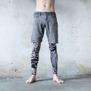 LEGGINGS with an abstract floral Pattern Batik, Tie-Dye unisex beige-brown-jeansblue image 7