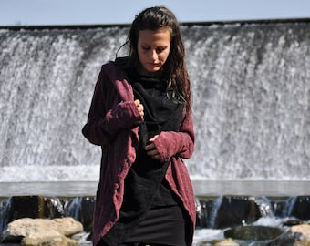 TWO-LAYER CARDIGAN - Cardigan, veste cache-cœur à grande capuche et passe-pouce - acajou-noir