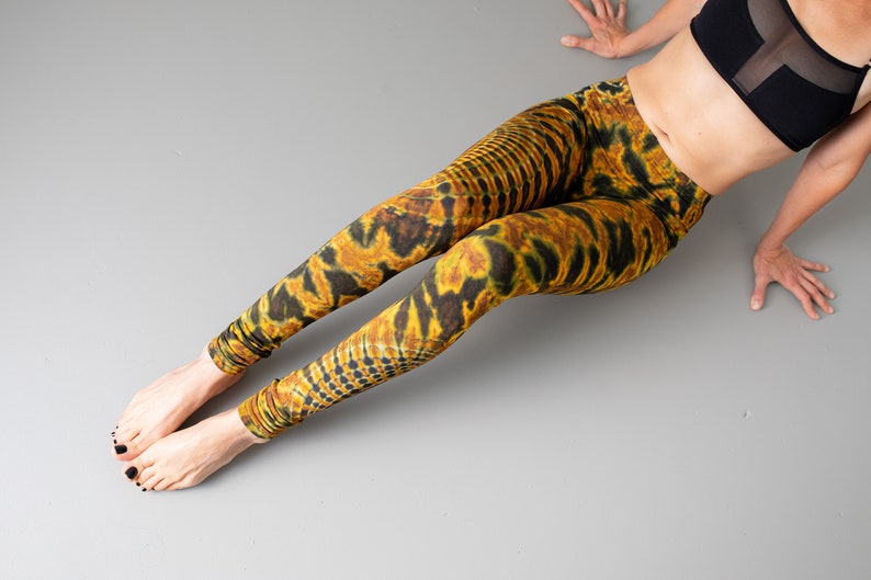 LEGGINGS with an abstract floral Pattern Batik, Tie-Dye unisex mustard brown image 6