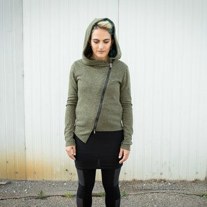 Zipper Jacket with Diagonal Zipper, Thumb Holes and Large Hood - olive green