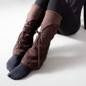 Warmly Lined Leg Warmers, Boot Cuffs with Lacing and Brass Bells brown image 2