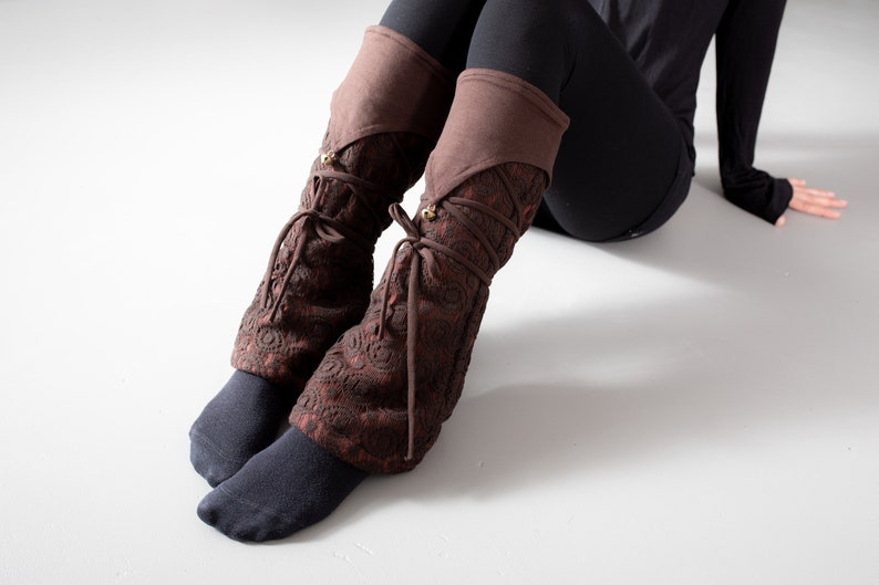 Warmly Lined Leg Warmers, Boot Cuffs with Lacing and Brass Bells brown image 2