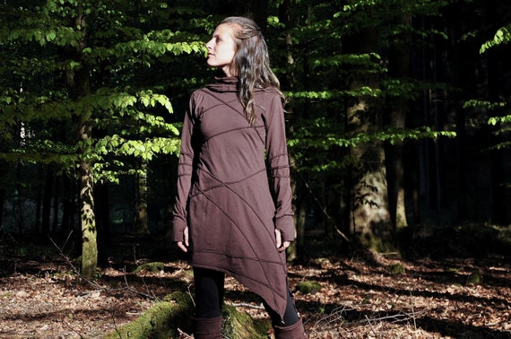 Long Sleeved HOODIE DRESS, Pullover Dress, Sweatshirt Dress With Pointed  Hem, Brass Bell and Thumbholes - Mystic Brown - Etsy