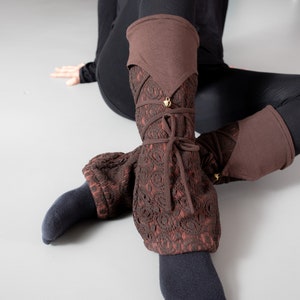 Warmly Lined Leg Warmers, Boot Cuffs with Lacing and Brass Bells brown image 4