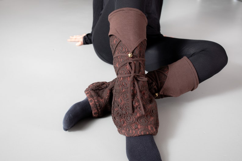 Warmly Lined Leg Warmers, Boot Cuffs with Lacing and Brass Bells brown image 4
