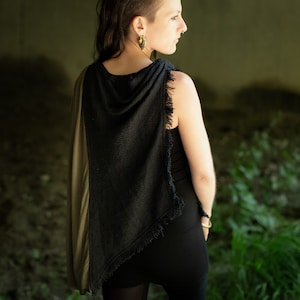 SUMMER PONCHO Cape, Shawl with Waterfall Neckline, Knitted Look and Fringes black-olive green image 4