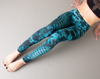 LEGGINGS met abstract bloemmotief - batik, batik, geknoopte batik, tie-dye - unisex - blauw-turkoois