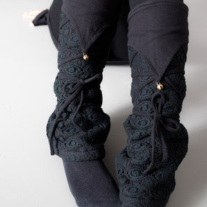 Warmly Lined Leg Warmers, Boot Cuffs with Lacing and Brass Bells Fleece black image 1