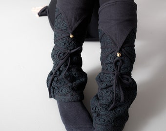 Warmly Lined Leg Warmers, Boot Cuffs - with Lacing and Brass Bells - Fleece - black