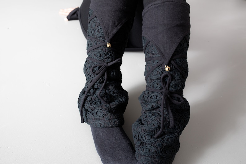 Warmly Lined Leg Warmers, Boot Cuffs with Lacing and Brass Bells Fleece black image 1