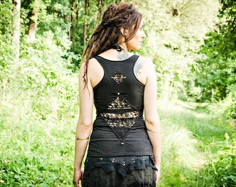 Racerback, CUT-OUT TOP - with Lace and Brass Beads - black