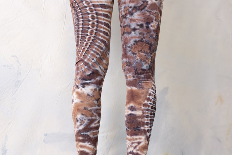 LEGGINGS with an abstract floral Pattern Batik, Tie-Dye unisex beige-brown-jeansblue image 6