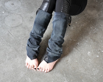 LEG WARMERS with Net Look, Boot Cuffs, Boot Socks - with beads and artificial leather - black-gray