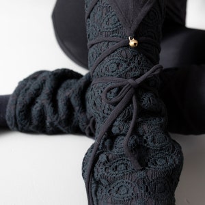 Warmly Lined Leg Warmers, Boot Cuffs with Lacing and Brass Bells Fleece black image 5