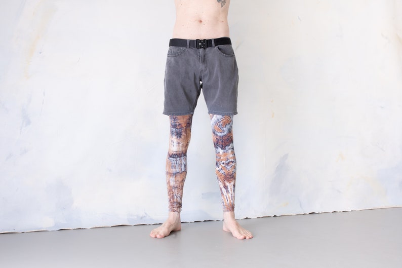 LEGGINGS mit abstrakten Rauten Batik, Schnurbatik, Knüpfbatik, Tie-Dye unisex beigebraun-lichtblau Bild 5