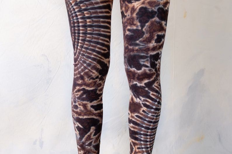 LEGGINGS with an abstract floral Pattern Batik, Tie-Dye unisex beige-brown-jeansblue image 4