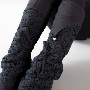 Warmly Lined Leg Warmers, Boot Cuffs with Lacing and Brass Bells Fleece black image 6