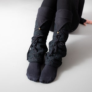 Warmly Lined Leg Warmers, Boot Cuffs with Lacing and Brass Bells Fleece black image 2