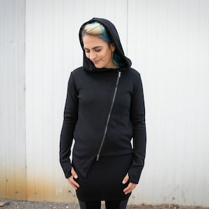 Zipper Jacket with Diagonal Zipper, Thumb Holes and Large Hood - black