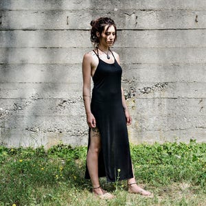 LONG DRESS, Maxi Dress with Racerback and Rivets - deep black