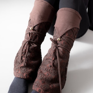 Warmly Lined Leg Warmers, Boot Cuffs - with Lacing and Brass Bells - brown