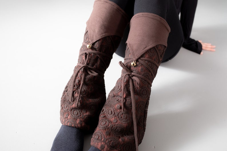 Warmly Lined Leg Warmers, Boot Cuffs with Lacing and Brass Bells brown image 1
