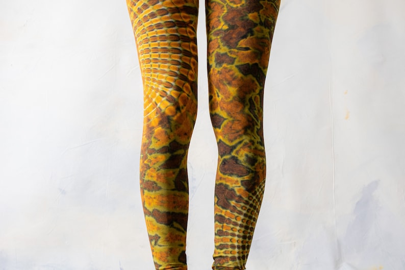 LEGGINGS with an abstract floral Pattern Batik, Tie-Dye unisex mustard brown image 4