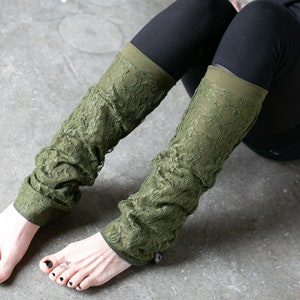 Light-Weighted Leg Warmers - Boot Socks, Boot Cuffs with Floral Lace - olive green