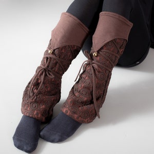 Warmly Lined Leg Warmers, Boot Cuffs with Lacing and Brass Bells brown image 5