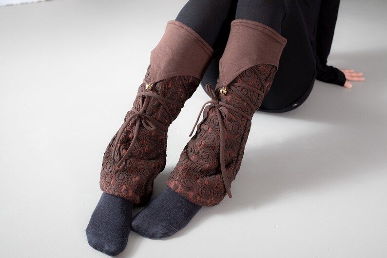 Warmly Lined Leg Warmers, Boot Cuffs with Lacing and Brass Bells brown image 5