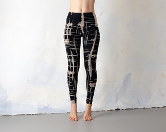 Legging met punky Kritzi-Kratzi patroon - zeefdruk, batik, tie-dye - unisex - zwart-grijs-beige