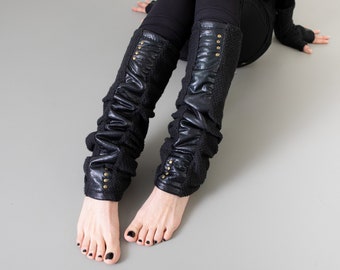 LEG WARMERS with shiny fabric and rivets - psy trance, cyberpunk - black