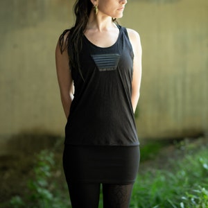 Loose Tank Top - slightly transparent, with artificial leather application - black patterned