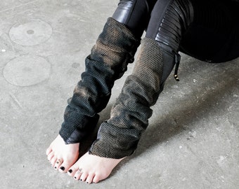 LEG WARMERS with Net Look, Boot Cuffs, Boot Socks - with beads and artificial leather - black-beige