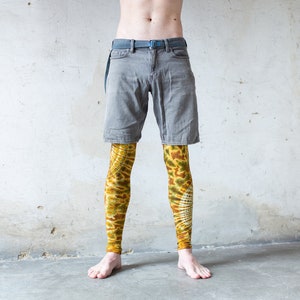 LEGGINGS with an abstract floral Pattern Batik, Tie-Dye unisex mustard brown image 8