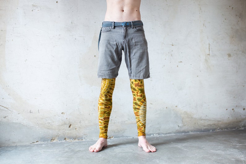 LEGGINGS with an abstract floral Pattern Batik, Tie-Dye unisex mustard brown image 8