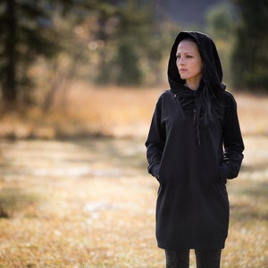 PULLOVER DRESS with large Hood and Pockets Secret Pocket black image 1