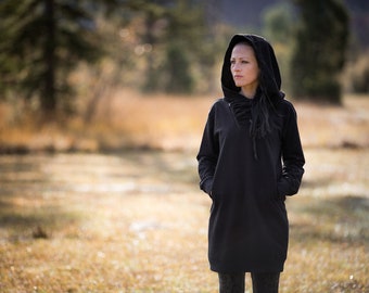 PULLOVER DRESS with large Hood and Pockets - Secret Pocket - black