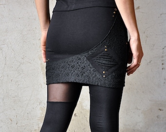 Elastic MINI SKIRT - Stretch Skirt with Lace Elements, Rivets & Cuts - black