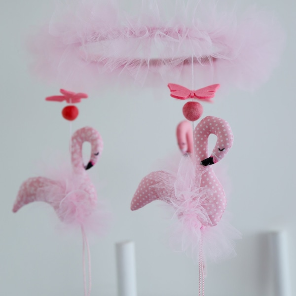 Personalized pink flamingo & butterfly nursery handing crib mobile