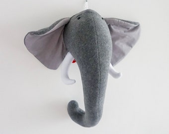 Grey elephant with tusks head wall mount decor