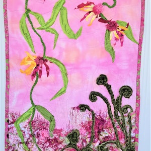 Pink Garden Landscape Art Quilt Flowers Green Fern Fronds Fantasy Flora Fuzzy Yarn Background Mother&#39;s Day Gift Handmade Wall Hanging