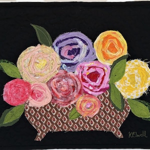 Art Quilt Flowers Floral Arrangement Bowl of Roses Torn Fabric Strip Collage Wall Hanging Quilted Black Background Fiber Art Handmade