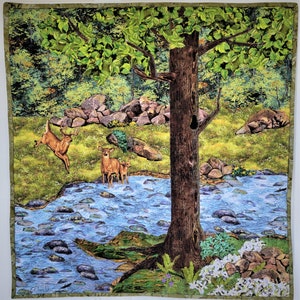 Landscape Art Quilt &quot;Family Tree&quot; Deer, Forest, Green, Meadow, Stream, Rocks, Shady Tree, Flowers, Handmade Fabric Collage Wall Hanging