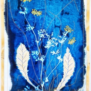 Wet Cyanotype Art Quilt Coriander Cilantro, Thread Painting Seed, Leaves,  Handmade, Quilted Fabric Wall Hanging, Blue & Yellow, 18&quot;x13&quot;,